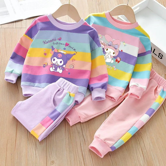 Sanrio Kuromi Cinnamaroll Hello Kitty Hoodie Tracksuits Joggers Girls Clothes Sets Sweater Rainbow