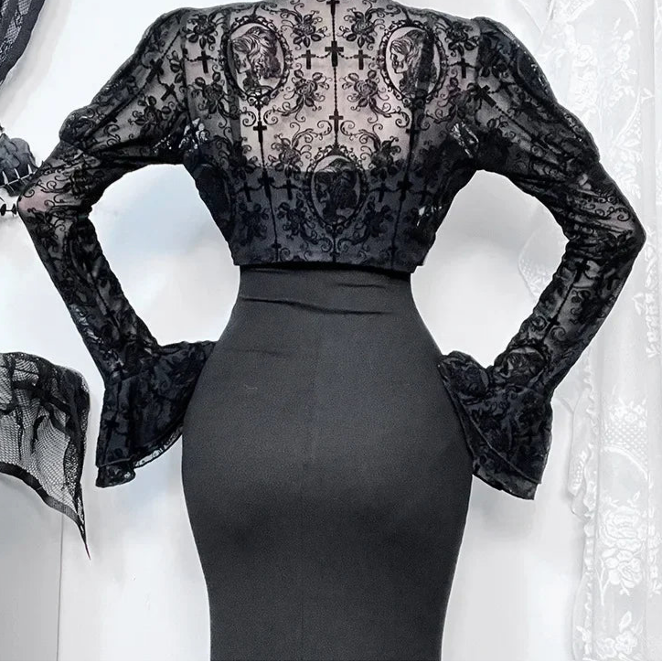 Lace Mesh Flared Long Sleeve Shrug Vintage Black See Through Cover-ups Coat Gothic Crop Top Sexy Y2K Goth Clothes Bolero Tops