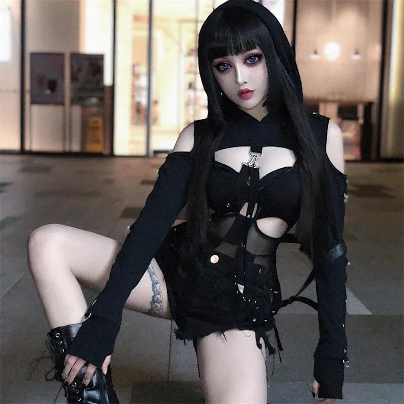 Black Gothic Hooded Crop Top Hoodie Harness Straps Punk Rave Sweater Jacket Shrug