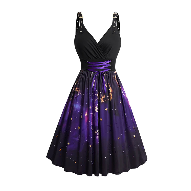 Black Purple Vintage 1950s Swing Dress Rockabilly