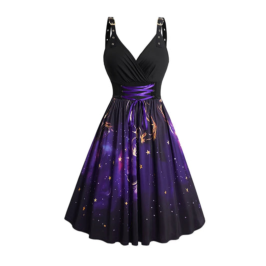 Black Purple Vintage 1950s Swing Dress Rockabilly