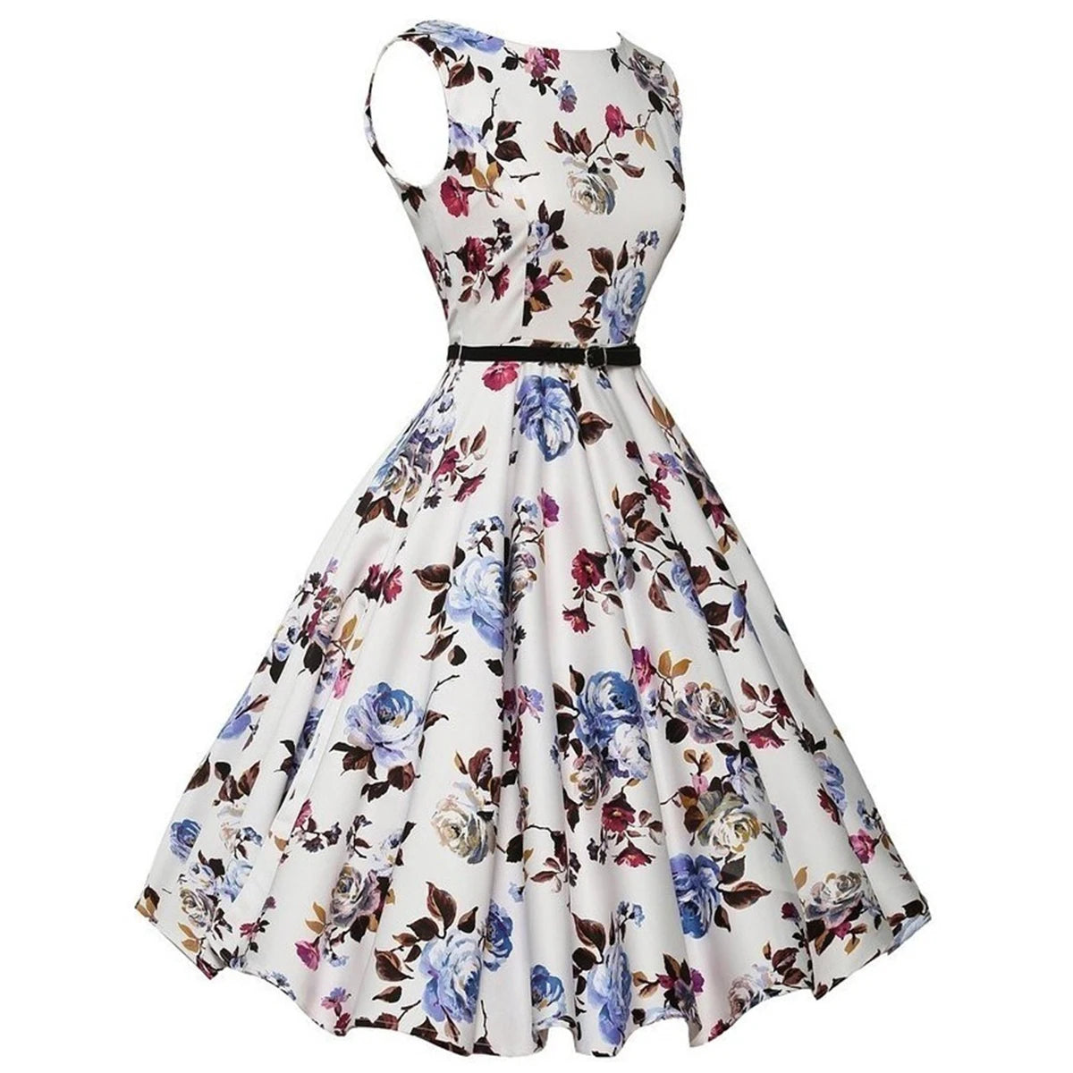 Vintage White Floral Summer Dress Swing Casual 1950s Rockabilly Dresses Flowers Party