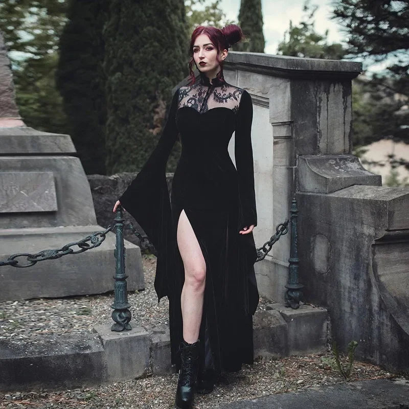 Sexy Black Gothic Velvet Lace Long Black Vampire Witch Dress