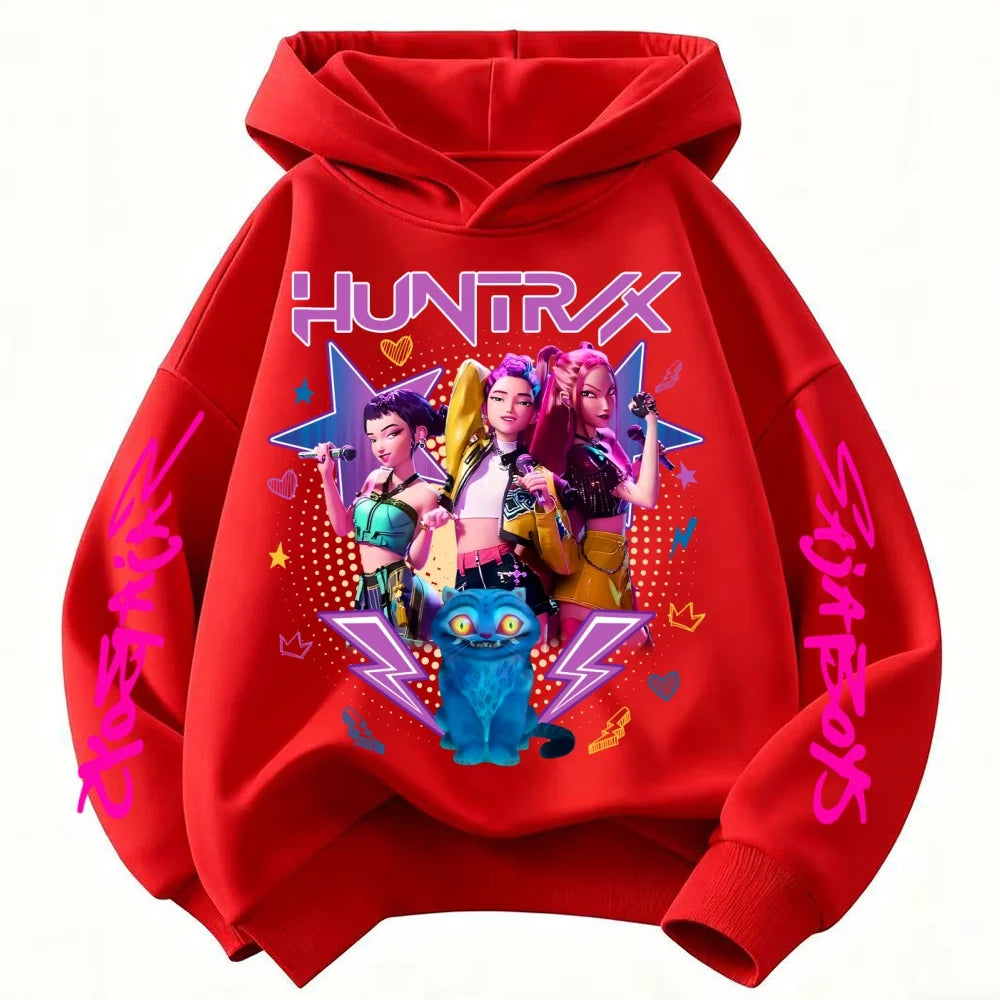 Kpop Demon Hunters Hoodie Girl's Pink Hooded Sweatshirt Huntrix Jumper K-Pop Clothes Top