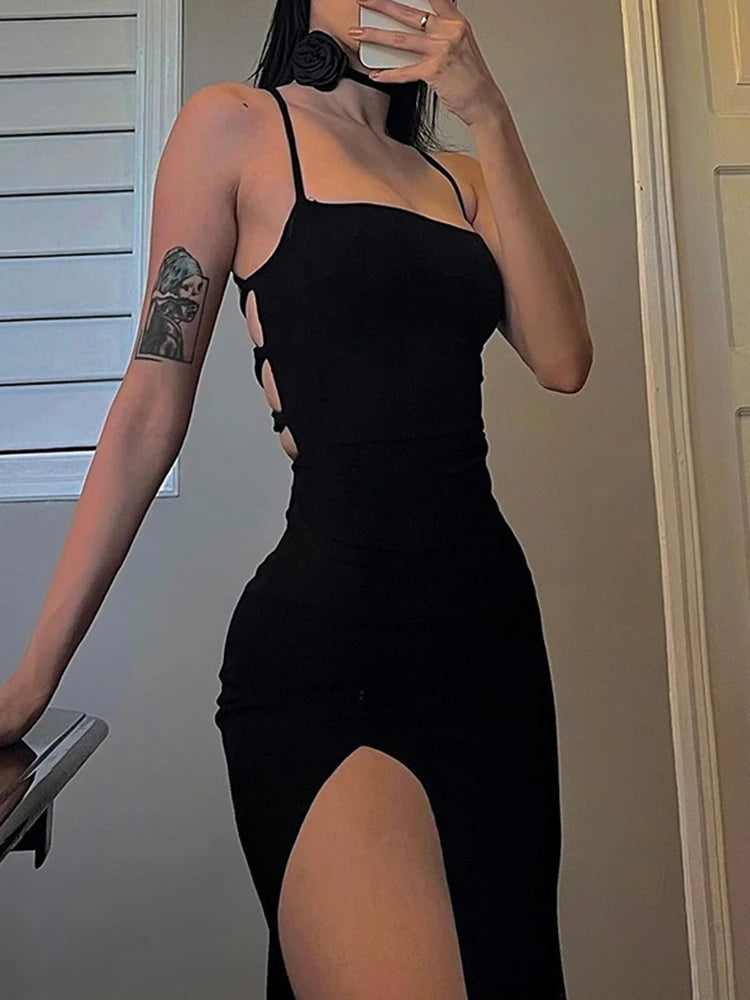 Strappy Tie Up Stretch Bodycon Long Black Dress