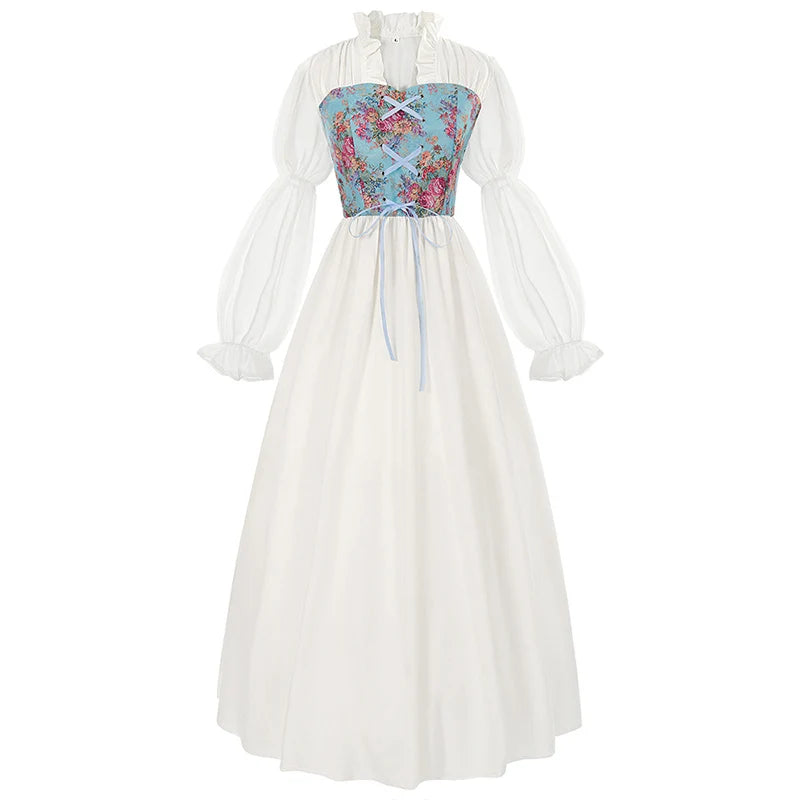 Medieval Renaissance Pirate Maid Elegant Floral Maxi Dress