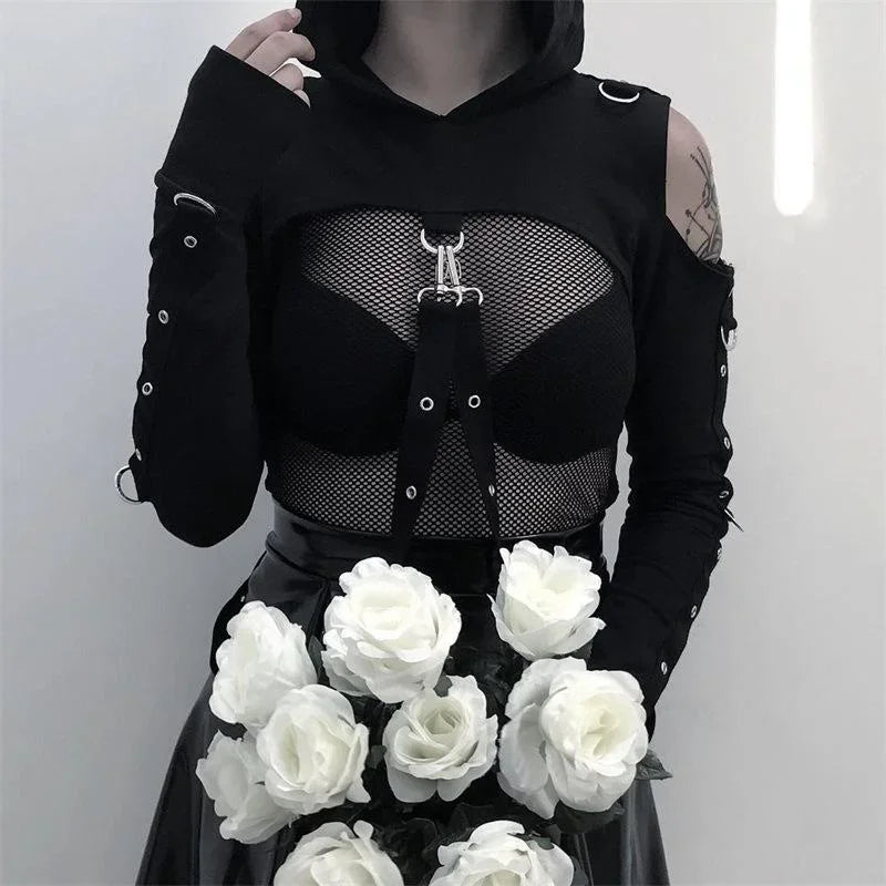 Black Gothic Hooded Crop Top Hoodie Harness Straps Punk Rave Sweater Jacket Shrug