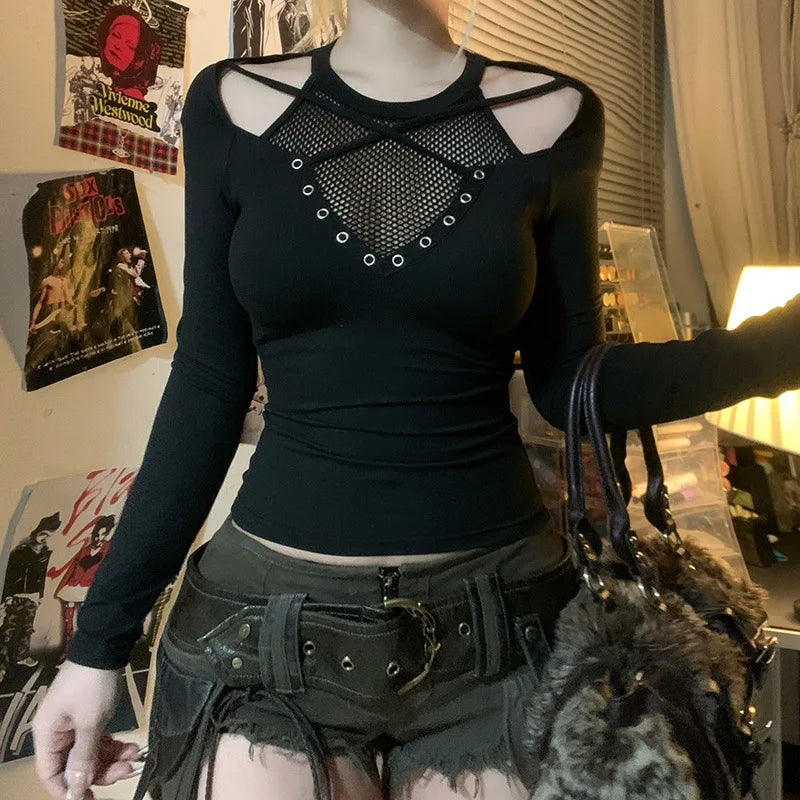 Emo Goth Dark Techwear Black Top Fishnet Gothic Clothing Long Sleeved Top TShirt