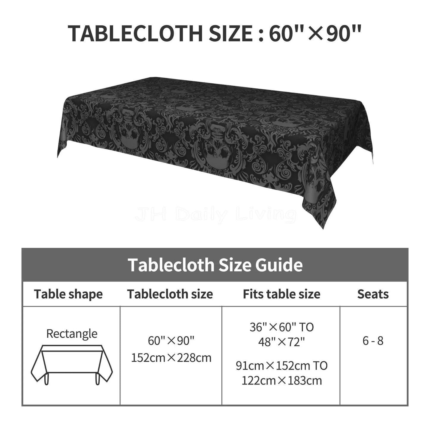 Gothic Skull Flower Black Rectangle Tablecloth Washable