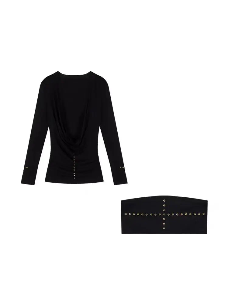 Gothic Alternative Sexy Y2K 2 Pieces Black Long Sleeved Top Boobtube