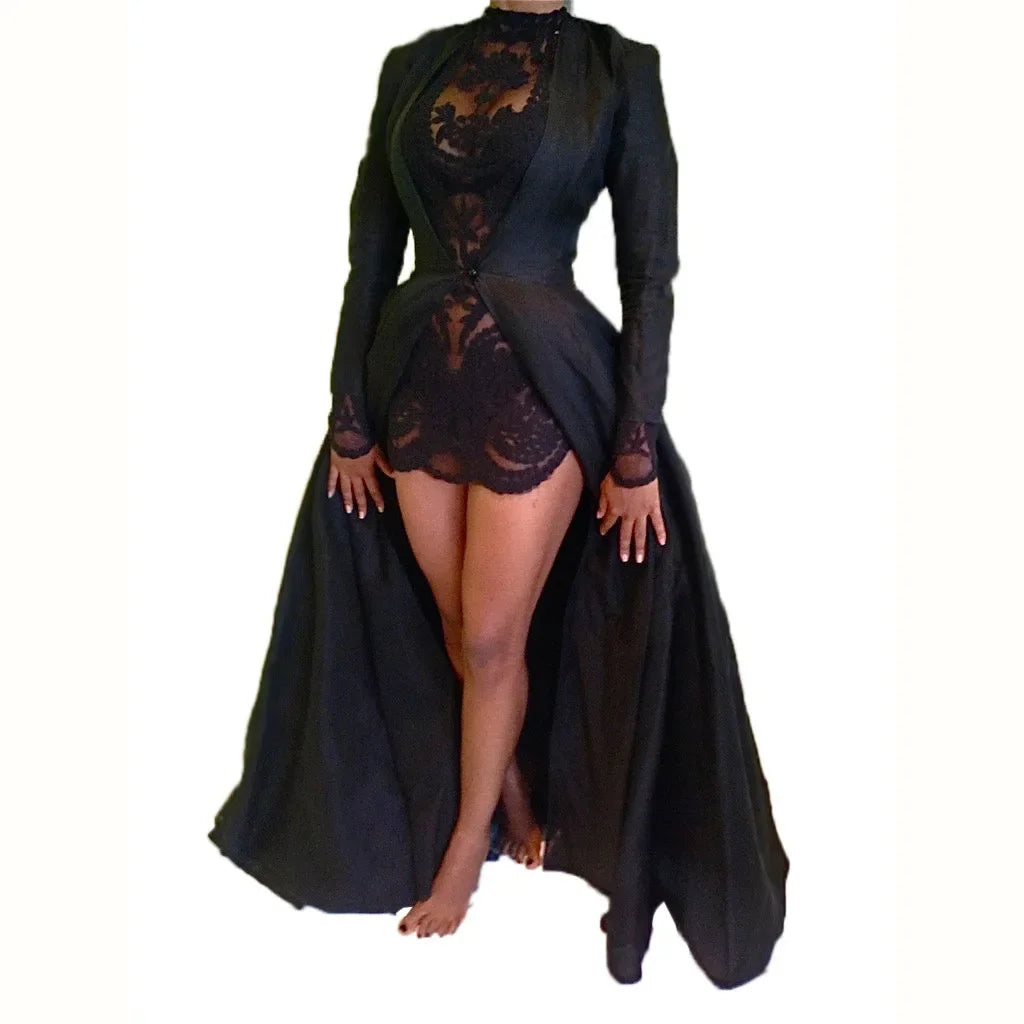 Sexy Black Two Piece Lace Mini Dress with Over Dress