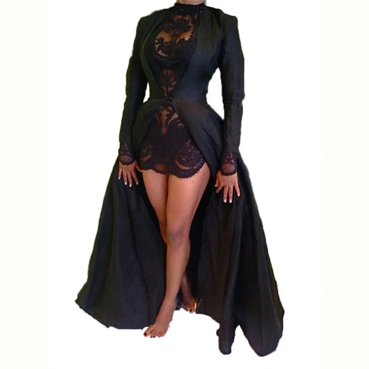 Sexy Black Two Piece Lace Mini Dress with Over Dress