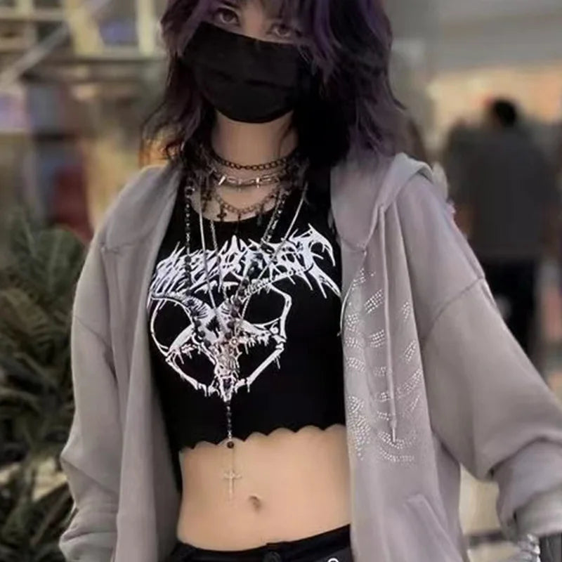 Sexy Black Gothic Print Baphomet Pagan Vest Crop Top Knit TShirt