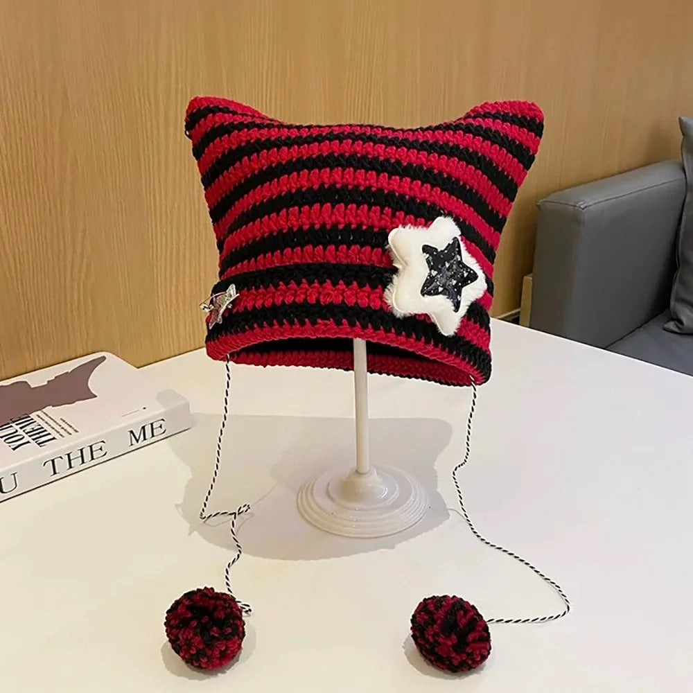 Cat Ears Pointed Striped Devil Star Knit Emo Pom Pom Beanie Hat