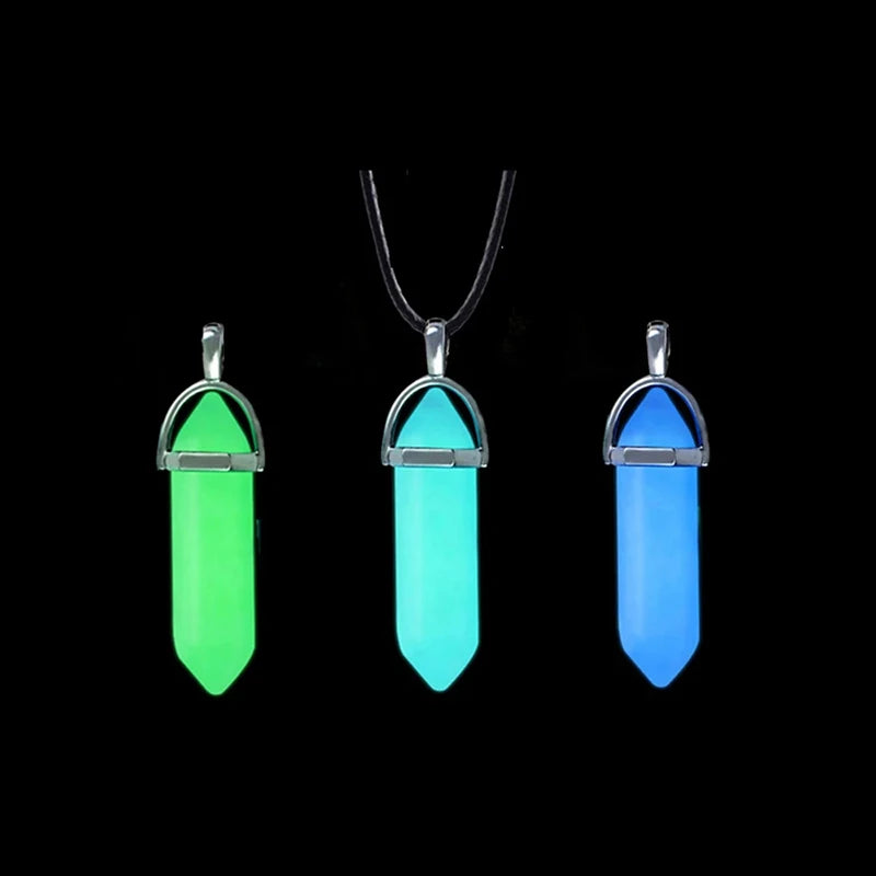 Luminous Stone Fluorescent Necklace Natural Crystal Glow in the Dark Bullet Pendant Leather Cord