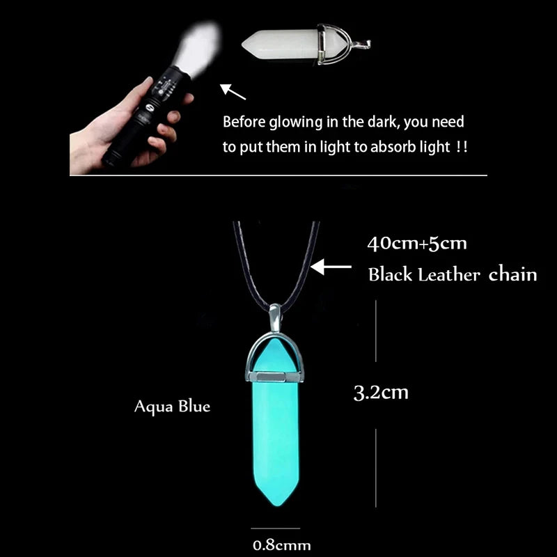 Luminous Stone Fluorescent Necklace Natural Crystal Glow in the Dark Bullet Pendant Leather Cord