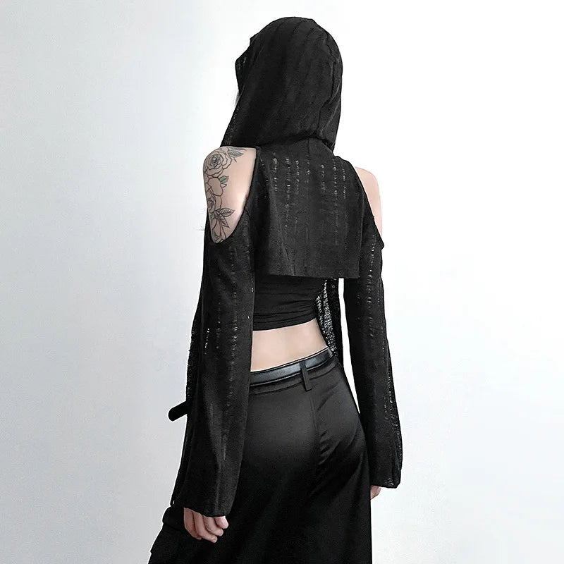 Black Alternative Grunge Open Shoulder Y2k Crop Hooded Cardigans Shrug