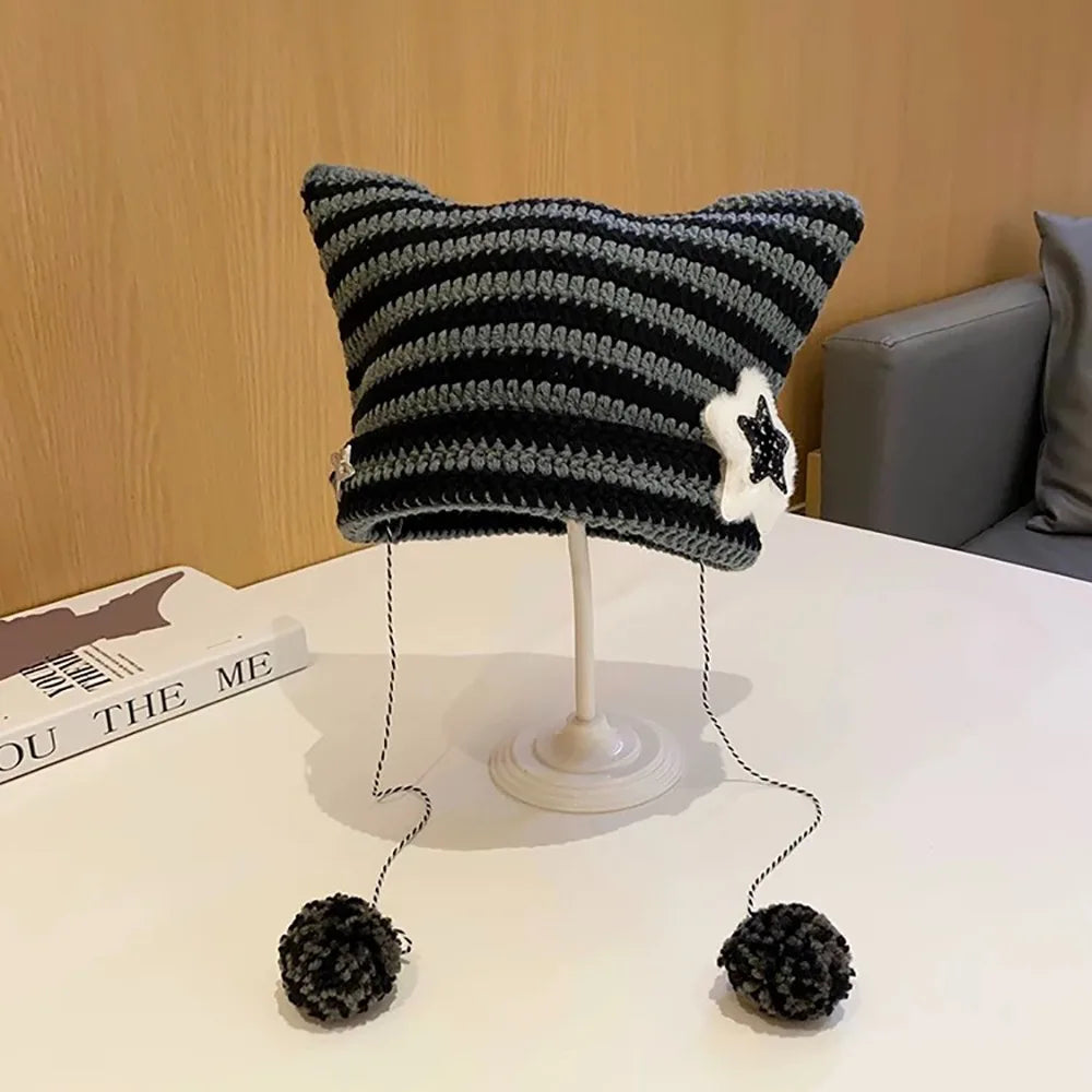 Cat Ears Pointed Striped Devil Star Knit Emo Pom Pom Beanie Hat