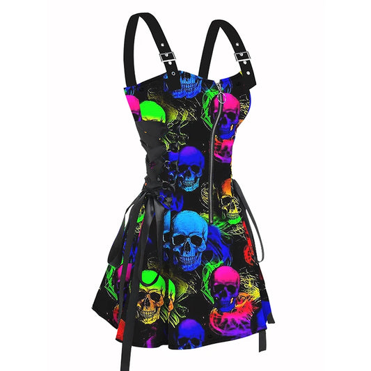 Punk Alternative Buckle Strap Rainbow Skull Mini Dress