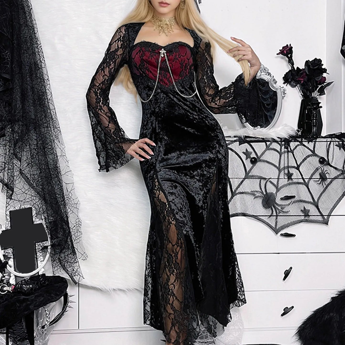 Elegant Victorian Gothic Black Velvet Lace Fishtail Vampire Long Dress