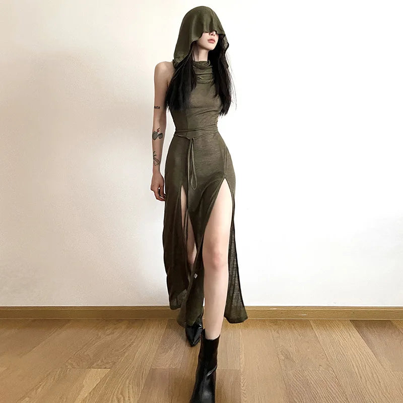 Gothic Ruffles Grunge Mesh Ripped Sleeveless Long Hooded Dress