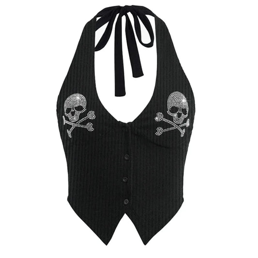 Sexy Gothic Black Ribbed Skull Diamante Waistcoat Halter Neck Top