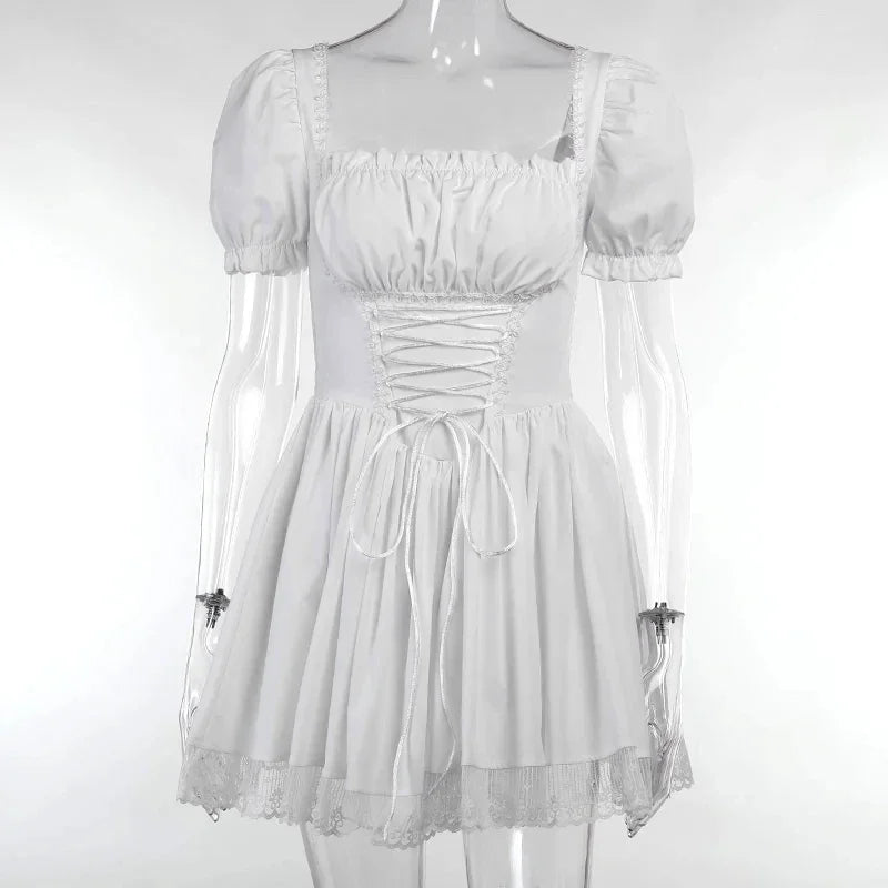 Gothic Black Princess Mini Dress Lace Up Corset Puff Sleeves