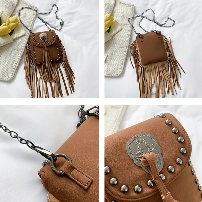 Boho Hippie Punk Skull Tassel Riveted Leather Shoulder Bag Handbag