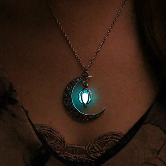 Crescent Moon Pendant Luminous Glow In The Dark Chain Moonstone Necklace