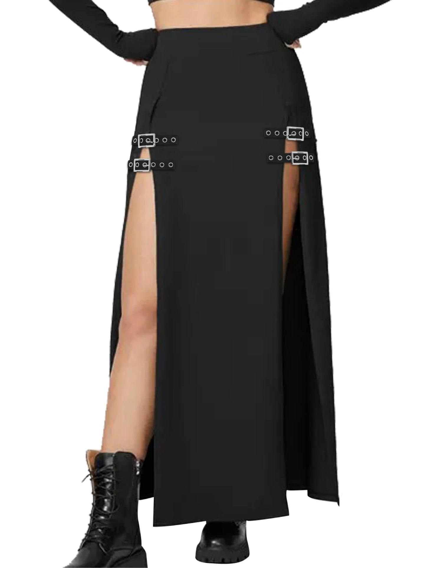 Sexy Long Black Punk Gothic Thigh Slit Buckle Skirt
