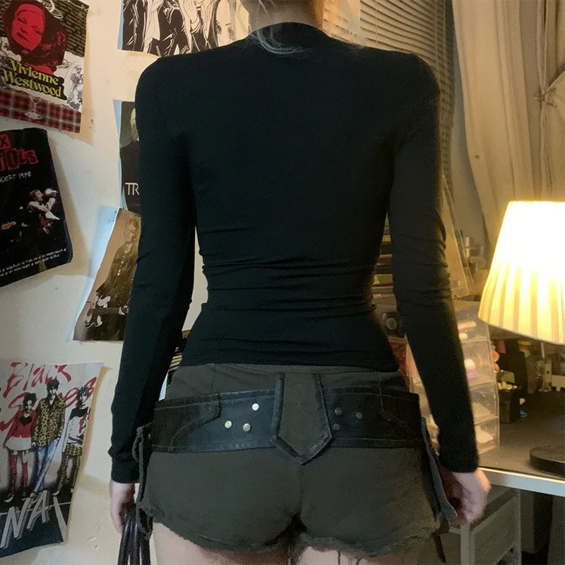 Emo Goth Dark Techwear Black Top Fishnet Gothic Clothing Long Sleeved Top TShirt