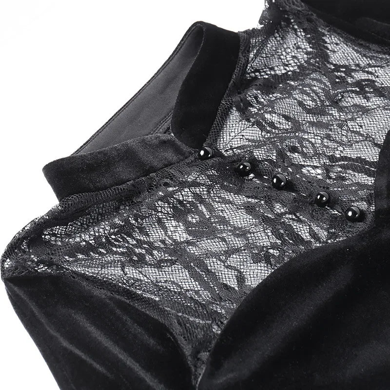 Sexy Black Gothic Velvet Lace Long Black Vampire Witch Dress
