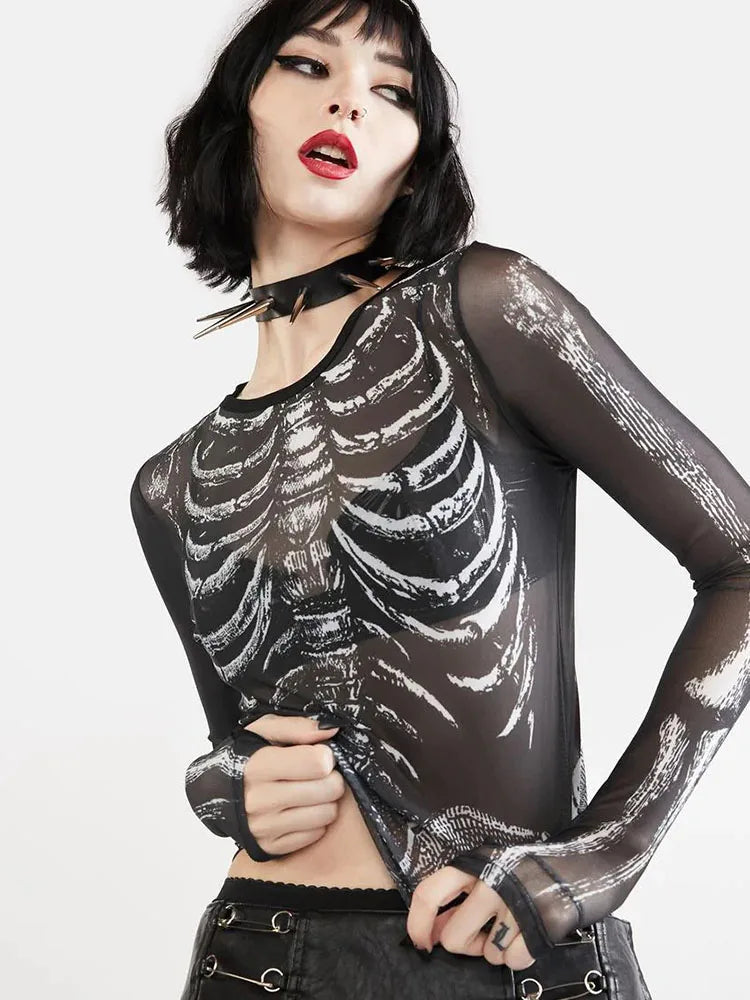 Gothic Punk Skeleton Print Sheer Long Sleeve Top