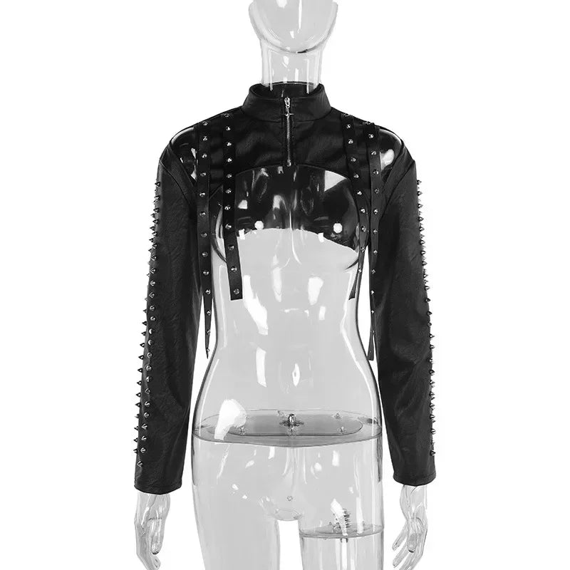 Black Punk Faux Leather Cropped Jacket Gothic Rivet Style Biker Studded Clothes