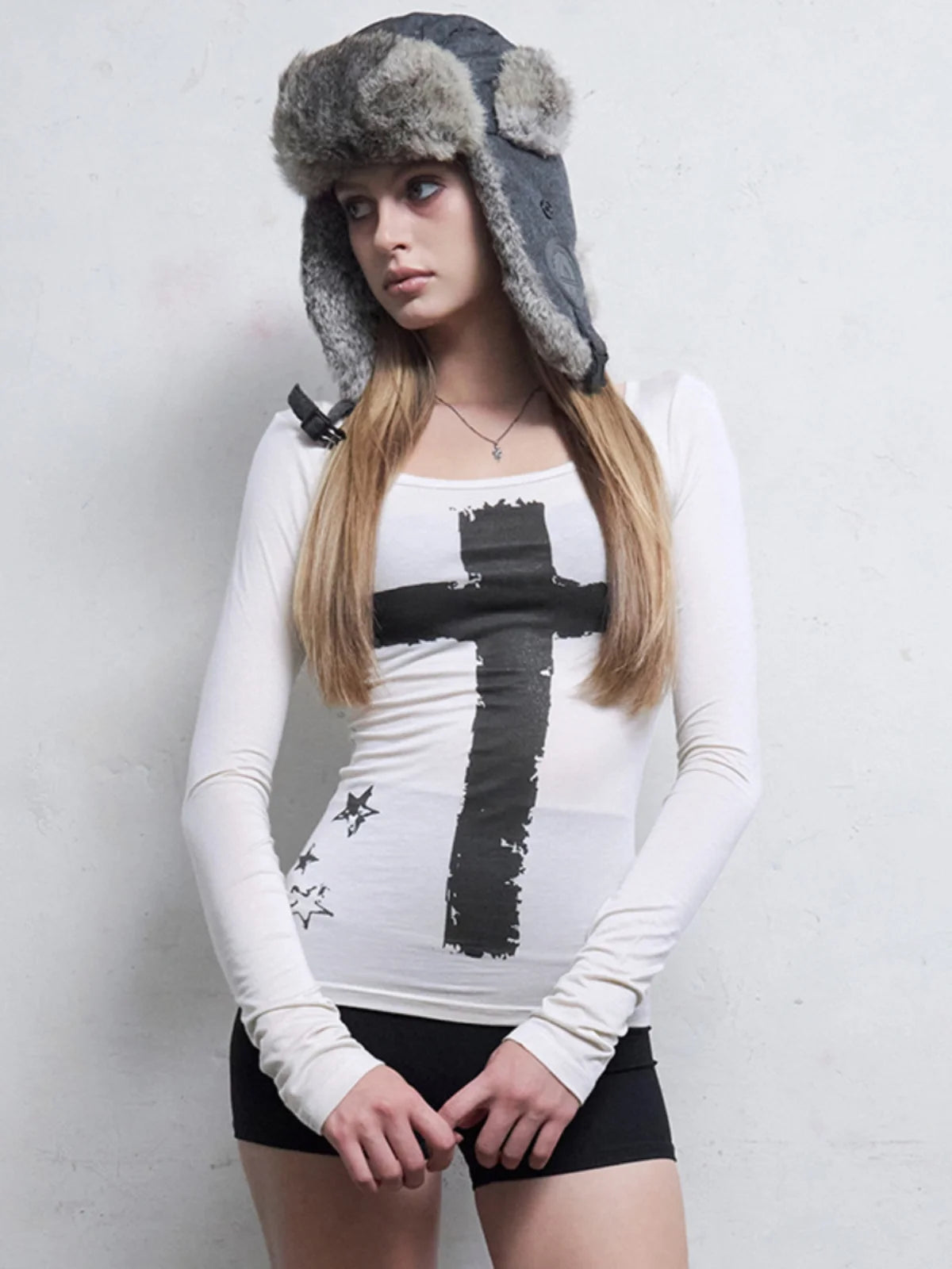 Gothic Punk Cross Print Long Sleeved White Top