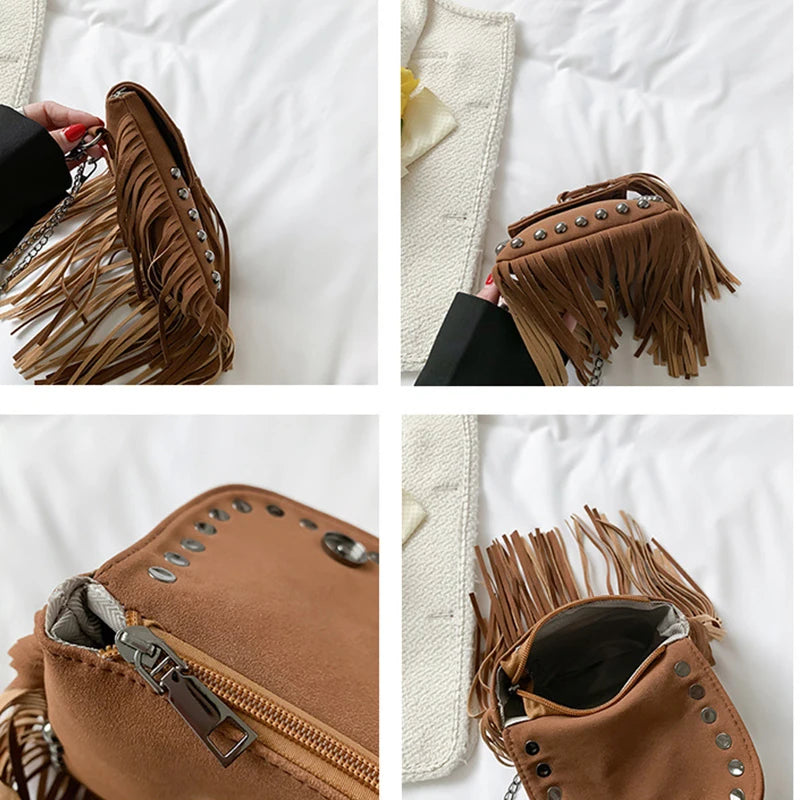 Boho Hippie Punk Skull Tassel Riveted Leather Shoulder Bag Handbag