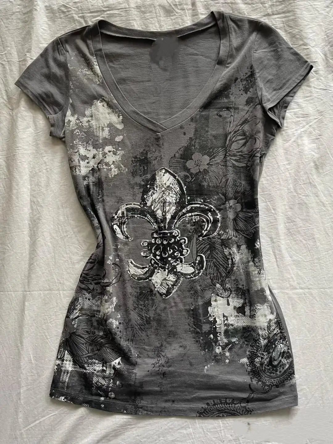Grey V Neck TShirt Top Gothic Floral Pattern