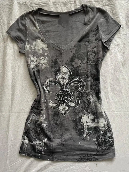 Grey V Neck TShirt Top Gothic Floral Pattern