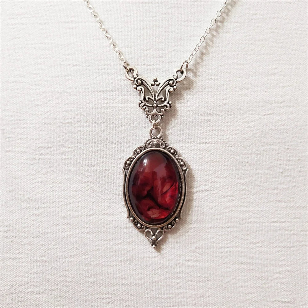 Gothic Blood Red Quartz Charm Necklace Oval Pendant Halloween Vampire Witch Jewellery Vintage
