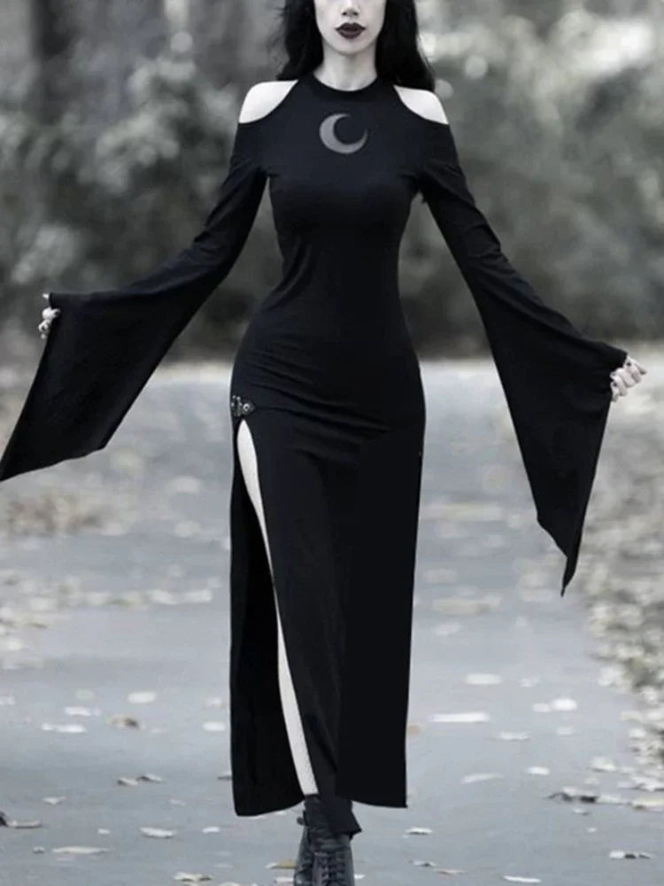 Sexy Black Long Thigh Slit Bodycon Moon Print Maxi Dress