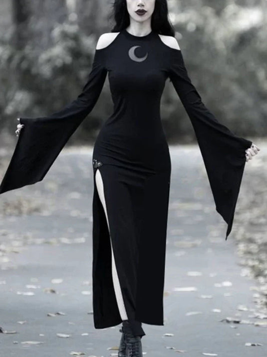 Sexy Black Long Thigh Slit Bodycon Moon Print Maxi Dress