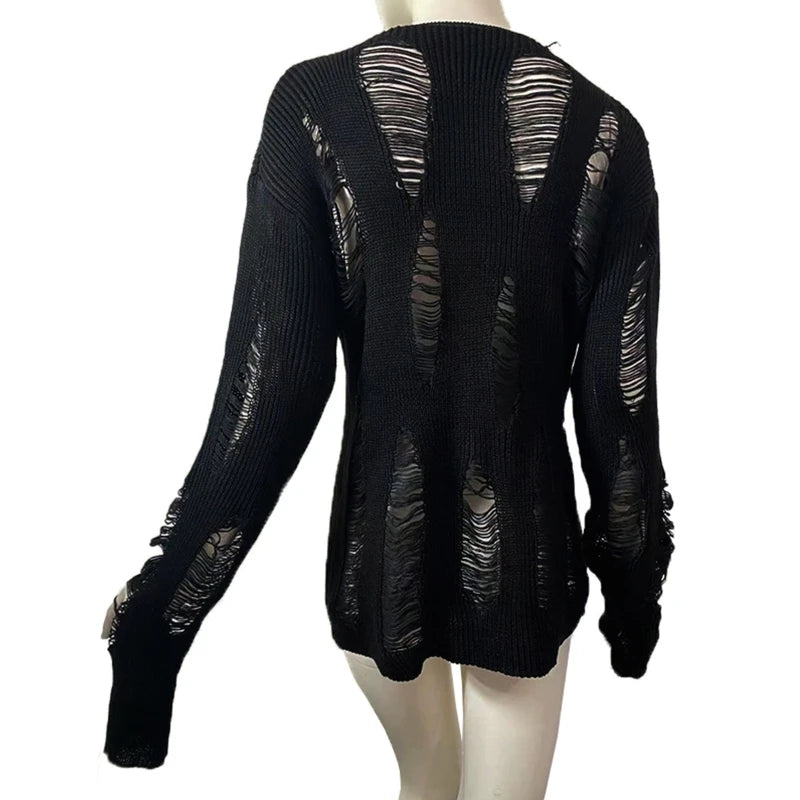 Gothic Punk Black Long Sleeve Sweater Ripped Knit Pullover Jumper