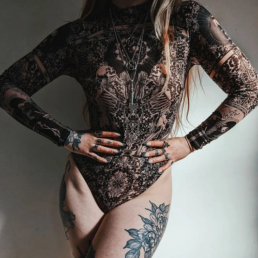 Black Gothic Print See Through Bodycon Mesh Sheer Bodysuit