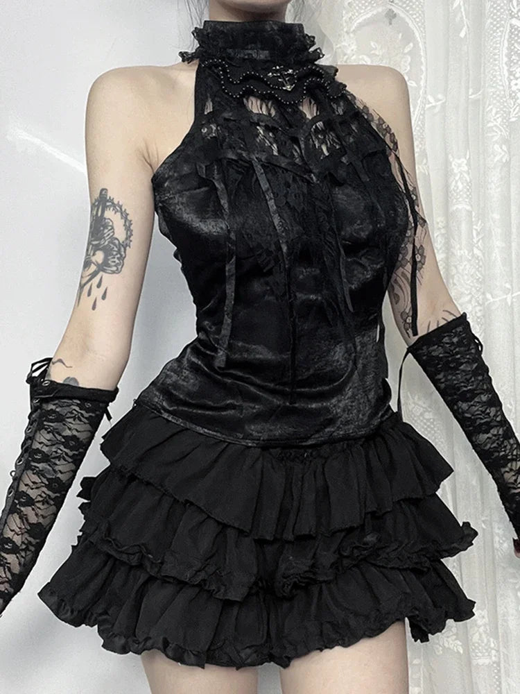 Victorian Gothic Black Lace Ribbon Vest Halter Top