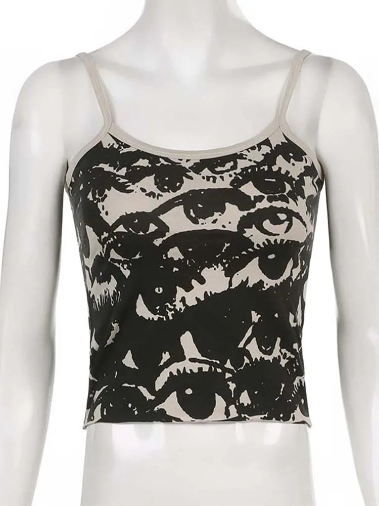 Gothic Eye Print White Stretch Camisole Tshirt Vest Top