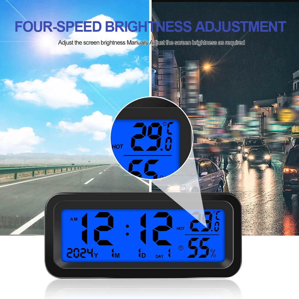 Digital Car Clock Solar/USB Powered Dashboard Garden LCD Backlit