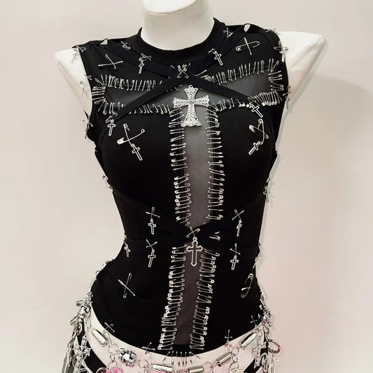 Black Punk Gothic Unique Customised TShirt Tank Top Vest Safety Pin