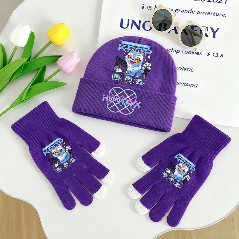 KPop Demon Hunters Knitted Hats Gloves 2pcs Set Huntrix Clothes Gifts