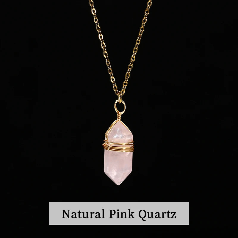 Crystal Pendant Necklace Handmade Stainless Steel Gift Pink Quartz Amethyst Hexagon