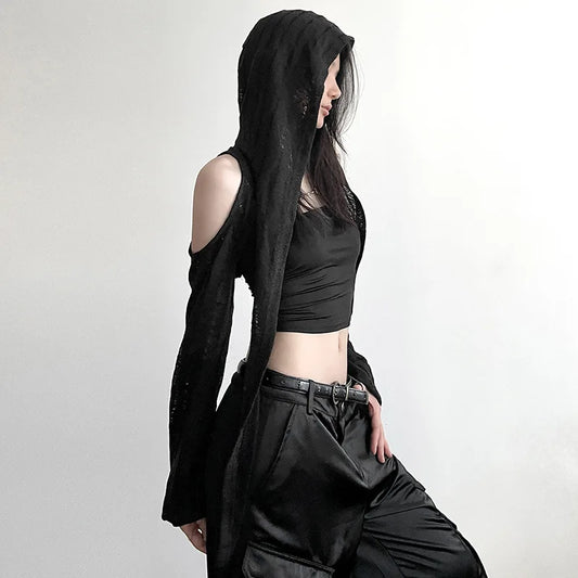Black Alternative Grunge Open Shoulder Y2k Crop Hooded Cardigans Shrug